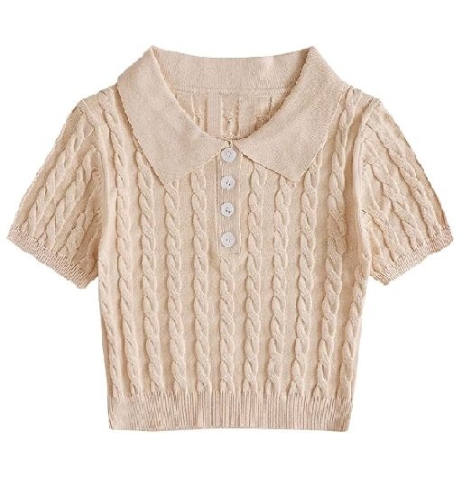 Women's Button Front Short Sleeve Cable Knit Crop Top Pullover Sweater