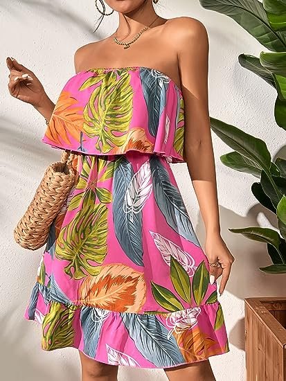 Women's Floral Summer Beach Dress Tropical Leaves Print Sleeveless Ruffle Hem Bandeau Dress