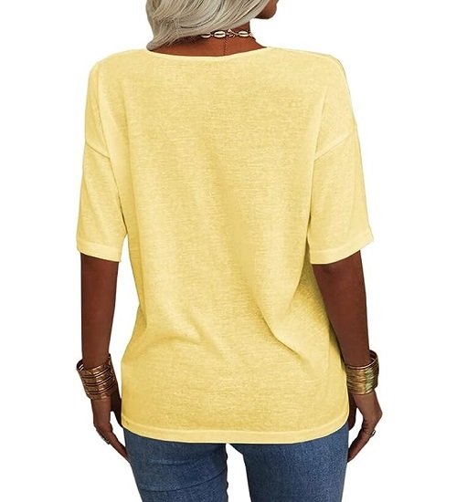 Women V-Neck Half Sleeves Oversized T Shirt Solid Casual Loose Basic Tops