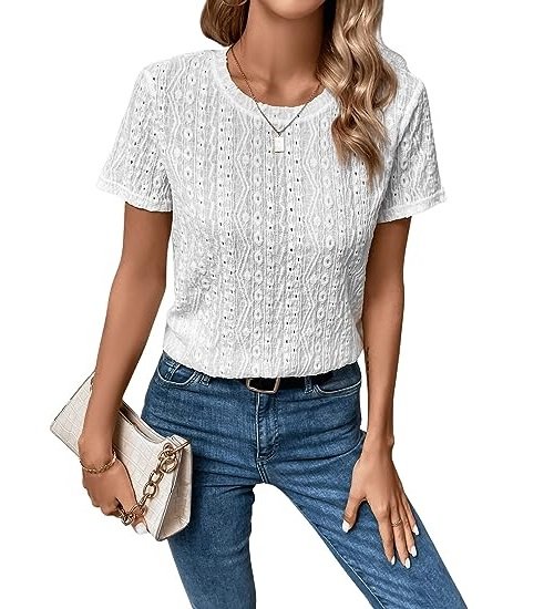 Women's Eyelet Embroidery Short Sleeve Top Shirt Solid Color Crewneck Vintage Casual T-Shirt