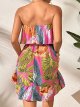 Women's Floral Summer Beach Dress Tropical Leaves Print Sleeveless Ruffle Hem Bandeau Dress