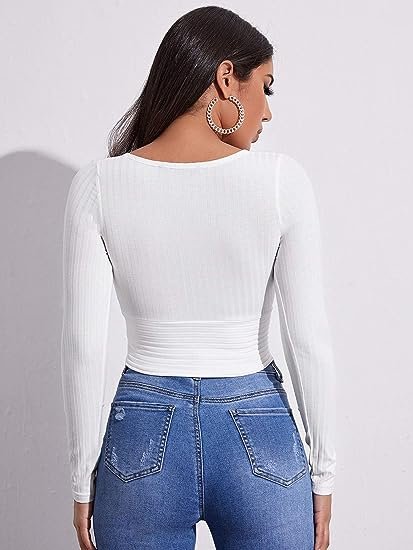 Women's Deep V Neck Long Sleeve Cross Wrap Crop Tops