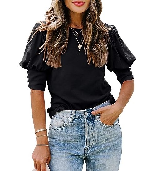 Women's Casual Tops Puff Sleeve Loose Blouses T Shirts