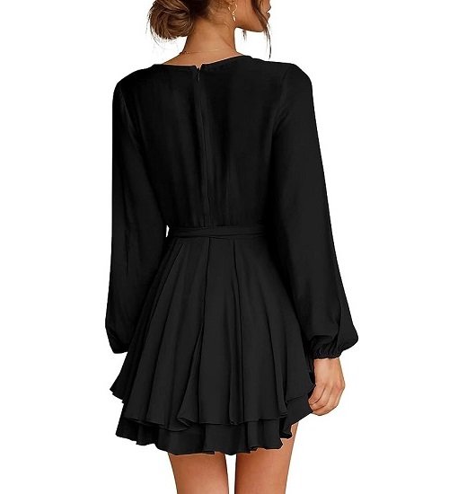 Women's Dress Deep V Neck Long Sleeve Waist Tie Ruffle Dress