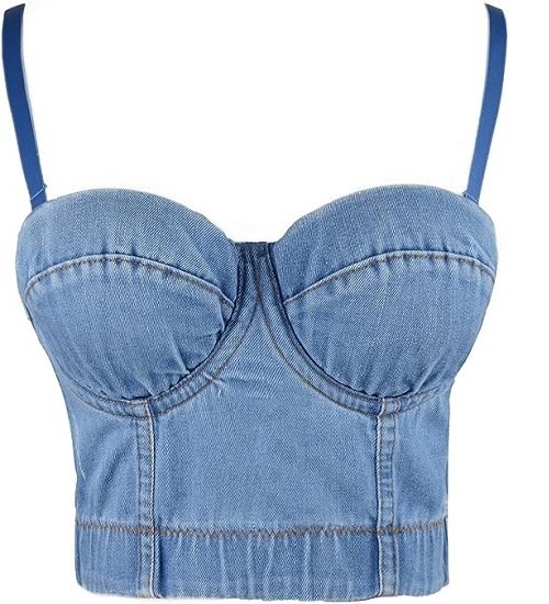 Women's Denim Bustier Crop Top Jean Corset Top Bra with Detachable Straps