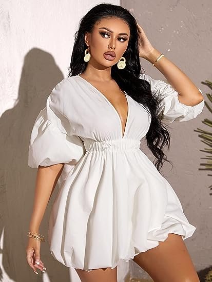 Women's Deep V Neck Puff Sleeve High Rise Flare Dress Elastic Waist Dress